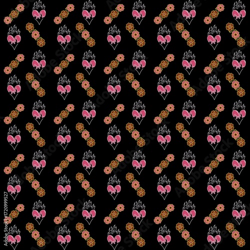 seamless floral pattern, Black seamless pattern featuring alternating motifs of flaming pink hearts and orange flowers