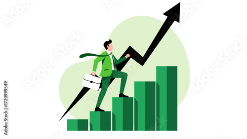 A businessman in a green suit climbs a bar graph with an upward arrow. This image symbolizes progress, achievement, and the pursuit of success in business.