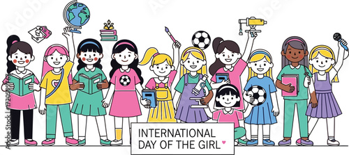 Diverse girls celebrating International Day of the Girl with books and dreams