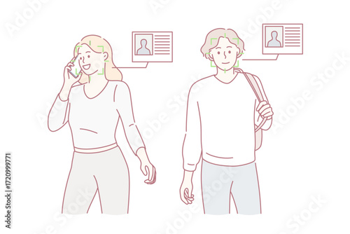 Face identification and identity concept. Young smiling man and woman cartoon characters standing with green scan on faces and identity cards nearby vector illustration