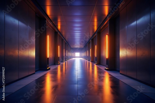 Futuristic Neon Corridor With Orange Vertical Lights Leading Toward a Bright Vanishing Point

