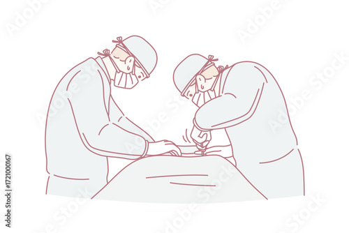 Medicare, health and surgery concept. Two young doctors surgeons in medical uniform and masks standing making operation to patient in clinic vector illustration