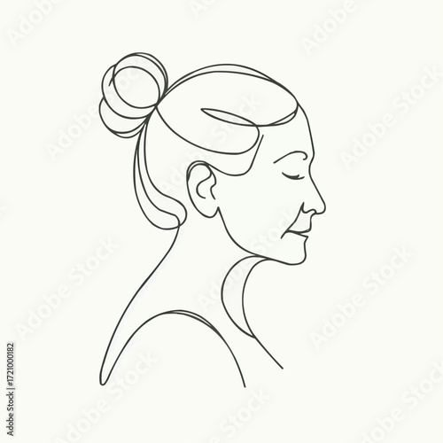 Minimalist profile portrait of an elderly woman with a bun illustration