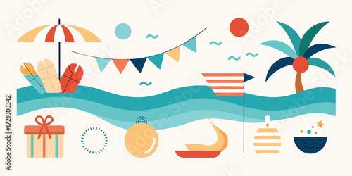 Summer beach scene with colorful elements such as umbrellas, palm trees, and playful decorations in a vibrant coastal setting
