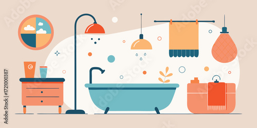 Modern bathroom setting featuring a stylish bathtub, colorful decor, and unique lighting elements for a contemporary home atmosphere
