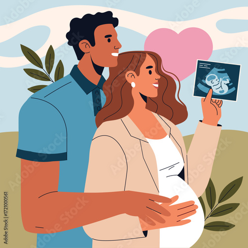 Expectant Couple Holding Ultrasound Vector Illustration