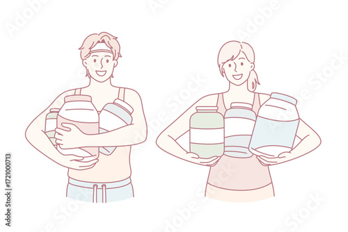 Dietary supplement and sport concept. Young smiling couple in sportswear standing holding jars with vitamins an dietary supplements vector illustration