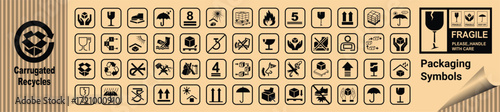 Common symbol for Corrugated Box Packaging and warning symbols set, fragile package warning signs.