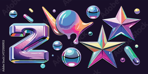 Colorful high quality vector design with abstract shapes, sparkling stars, and glossy spheres on a dark background