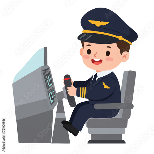 A cheerful little boy pilot in a vibrant 2D flat vector illustration, wearing a uniform and cap, sits confidently in an airplane cockpit with a steering yoke, on a clean white background.