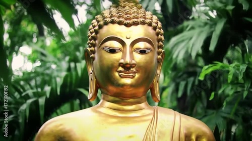 Serene Golden Buddha Statue Amidst Lush Green Tropical Foliage, Peaceful Spiritual Ambiance