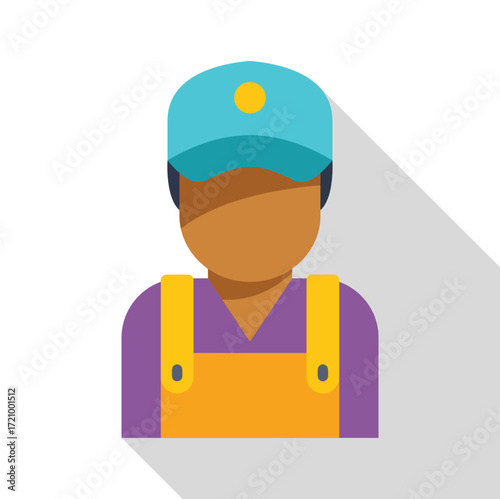 Delivery man wearing uniform and cap is delivering a package, flat vector illustration with long shadow
