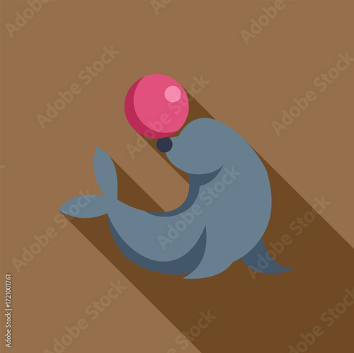 Circus seal balancing pink ball on its nose performing a trick
