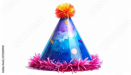 Render a cone-shaped blue party hat with celestial design featuring stars, clouds, and a unicorn, adorned with fluffy trim and a large pom-pom, isolated on a clean background to emphasize festive whim