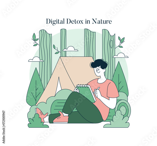 Digital Detox Concept with Person Sketching in Nature