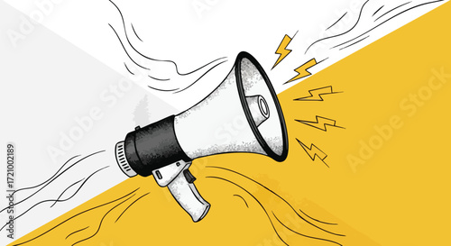 Illustration of a megaphone with sound waves and lightning bolts, representing announcements.