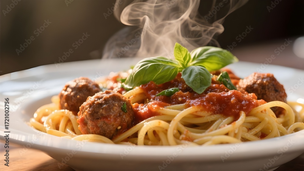 Fototapeta premium Homemade Spaghetti and Meatballs Pasta with Basil and Marinara