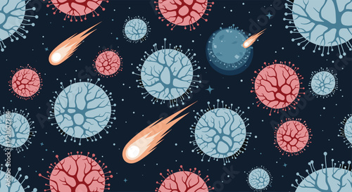 Microscopic organisms and fiery meteors colliding in the vast cosmic expanse.