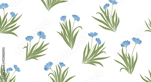 A gentle floral pattern of delicate blue flowers and green stalks on a white background.