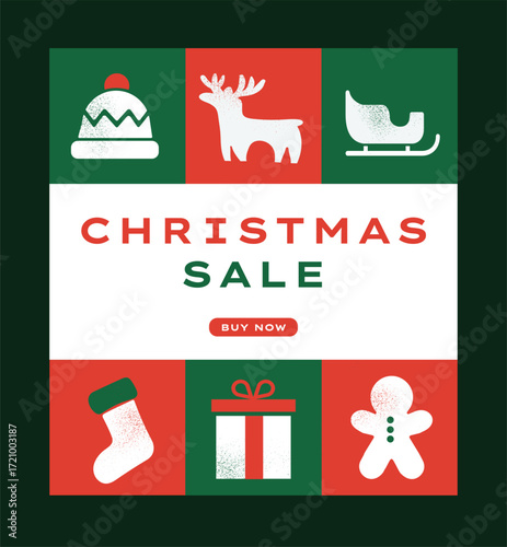 Christmas Sale Poster with Holiday Icons, Festive Decorations, Buy Now Button and Seasonal Discount Promotion for New Year Shopping