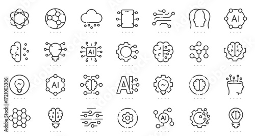 Artificial intelligence icons with brain, neural network, chip, cloud computing, machine learning, innovation, automation, and digital technology symbols