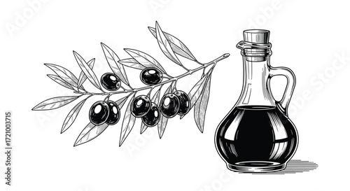A still life featuring a branch with olives and a jug of olive oil.