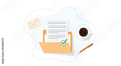 Streamline your workflow with organized documents and a fresh cup of coffee for peak productivity and seamless project management in a modern office setting