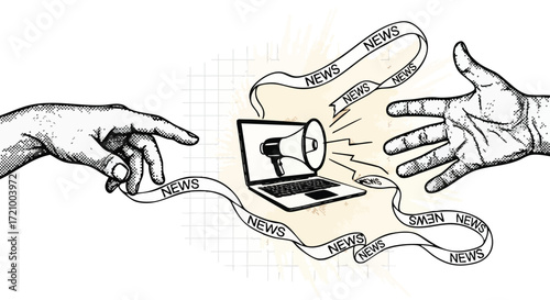 Illustration of hands reaching out from a laptop with a megaphone, spreading news via ribbons.