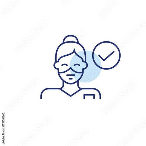 Certified medical professional. Young female doctor wearing mask and checkmark. Pixel perfect, editable stroke vector icon
