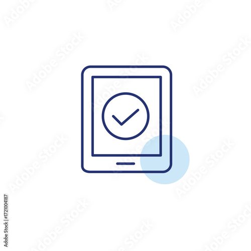 Tablet and checkmark. User account confirmed, synchronization across devices. Pixel perfect, editable stroke vector icon