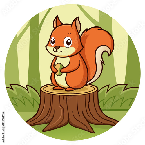 Cute cartoon squirrel holding an acorn on a tree stump in the forest