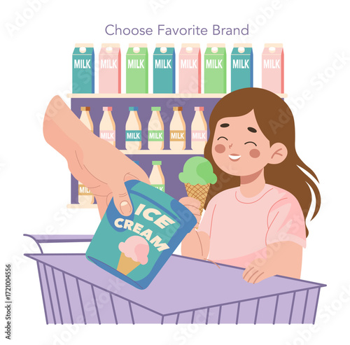 Smiling Child Enjoying Ice Cream in Supermarket Vector