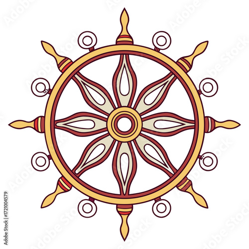 Decorative dharma wheel symbol with red and yellow accents