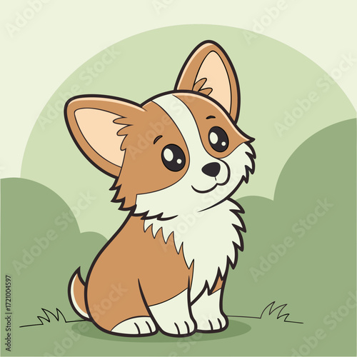 Cute cartoon corgi puppy sitting in green grass