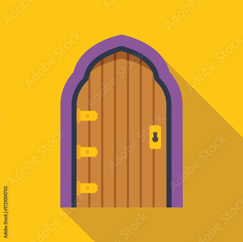Closed wooden door with purple arch, golden hinges and keyhole, casting a long shadow on a yellow wall, ideal for architecture, security and interior design projects
