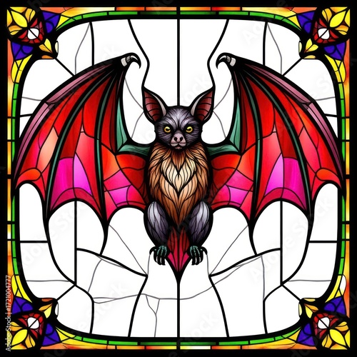 A colorful stained glass window featuring a bat with large red wings and a furry body. The bat is perched in a web-like design.