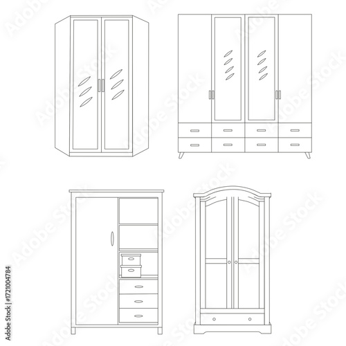 Vector wardrobe furniture set, modern bedroom closets with sliding and hinged doors
