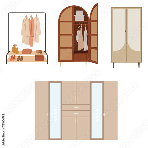 Vector wardrobe furniture set, modern bedroom closets with sliding and hinged doors