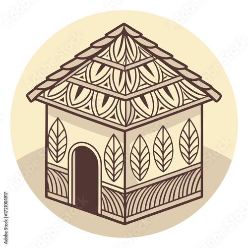 Stylized isometric hut with decorative patterns and leaf motifs