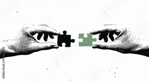 Two hands holding puzzle pieces, one black and one green, about to connect them.