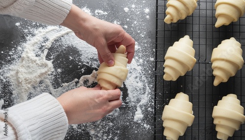 Woman is shaping layered yeast-leavened dough into crescent rolls to bake French croissants. freshly baked golden brown delicious hot croissants are cooling on table, view from above.