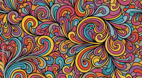 A vibrant abstract pattern with swirling floral motifs and psychedelic colors.