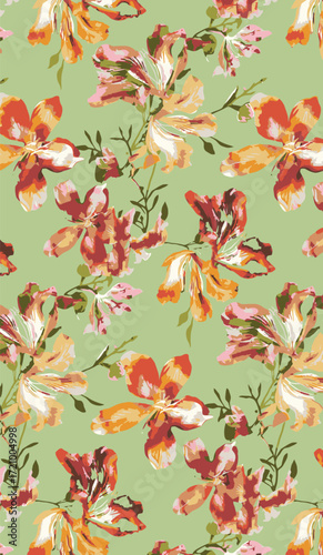 Abstract solid vector textile design, arrangement with big orchid flowers, all-over seamless pattern with green and orange tone color illustration, digital image printing factory