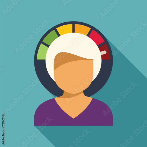 Employee performance evaluation reaching maximum result with colorful meter gauge symbol above head, representing excellent work and achievement