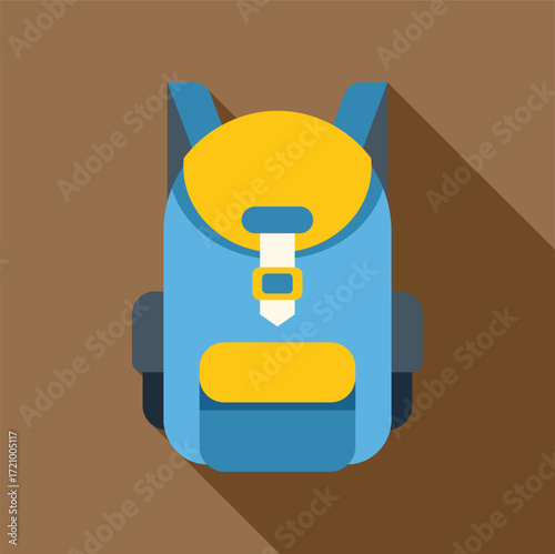 Backpack icon in flat style with long shadow, isolated on brown background