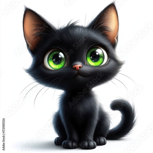 A small black kitten with large green eyes sits upright. Its fur is fluffy and shiny, with pointed ears and a playful expression.