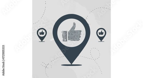 Image of location markers with thumbs up icons, indicating positive feedback or approval.