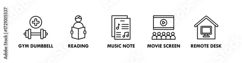 Work Life Balance banner web icon vector illustration concept with icon of gym dumbbell, reading, music note, movie screen, and remote desk