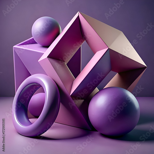 Abstract 3D Render. Geometric Shapes in Purple and Pink Hues