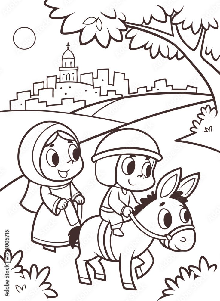Naklejka premium line art joseph leading mary on a donkey as they a.eps